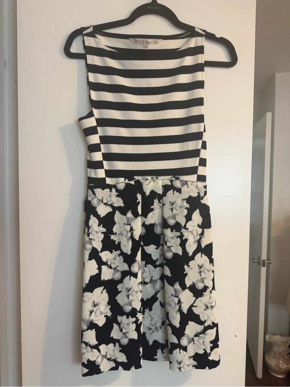 Rachel Roy Black & White Striped Floral Fit-and-Flare Dress